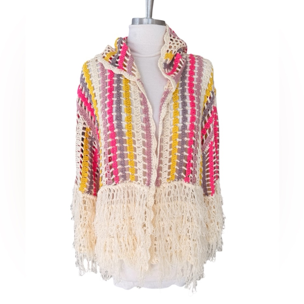 POL Openwork Crochet Fringe Cardigan in Cream, Yellow & Pink Size Large Hooded - Picture 3 of 9